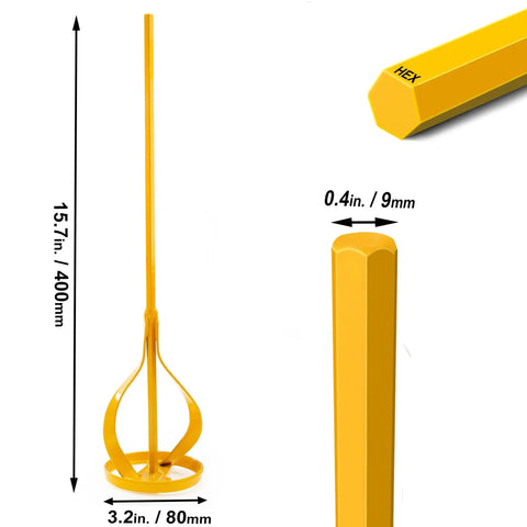 Beefy Paint And Mud Mixer Stirrer For Drill, 1 To 5 Gallon Drums, Fits All Standard Drill Bits, Hex Head Non Slip, Easy To Clean Paint And Plaster Mixing Paddle Tool Yellow, 400mm tall