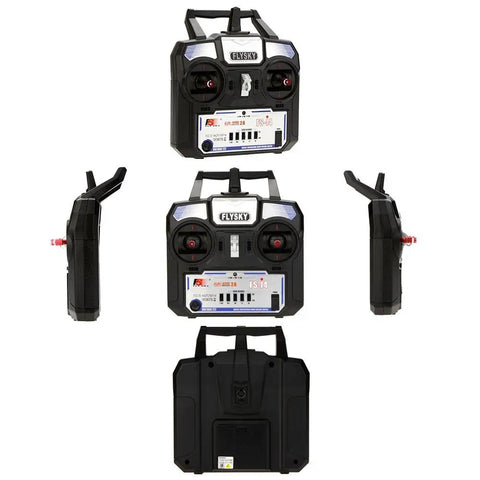 Rock Solid 2.4GHz AFHDS 2A 4CH RC Transmitter For Helicopters And Gliders With FS A6 Receiver, Easy Bind, Black front and side view