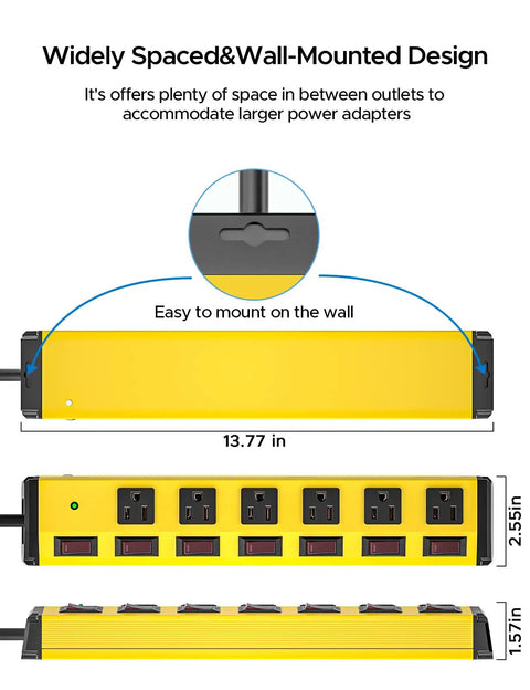 Heavy Duty Metal Power Strip With Six Individually Controlled Switches And 1.77 Inch Wide Outlet Spacing For Bulky Plugs, wall mounted