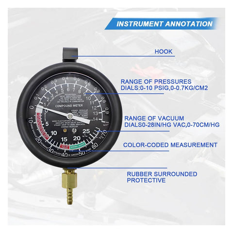 Front view of a black round automotive fuel pump and vacuum tester gauge with brass connector.