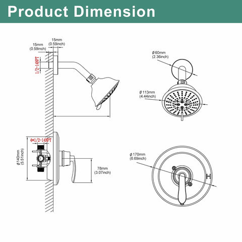 Diagram of Shower Faucet With Valve And 5 Spray Touch Clean Shower Head, Single Handle Trim Kit, Wall Mounted Complete Set dimensions