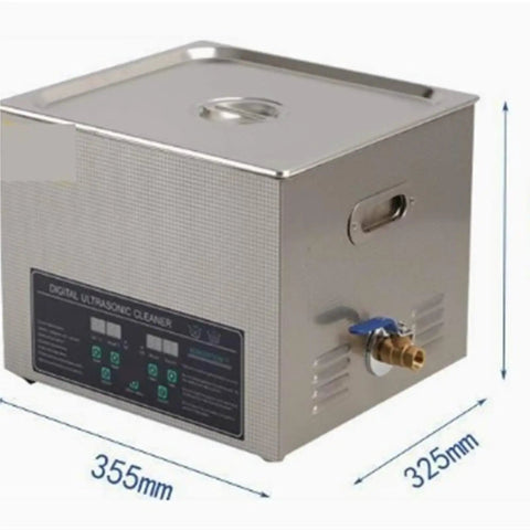 Heavy Duty 19L Ultrasonic Cleaner With Digital Heater And Timer Dual Frequency Bath For Hardware Parts Jewelry Tools Deep Cleaning Stainless Steel Tank, shown from side with dimensions.