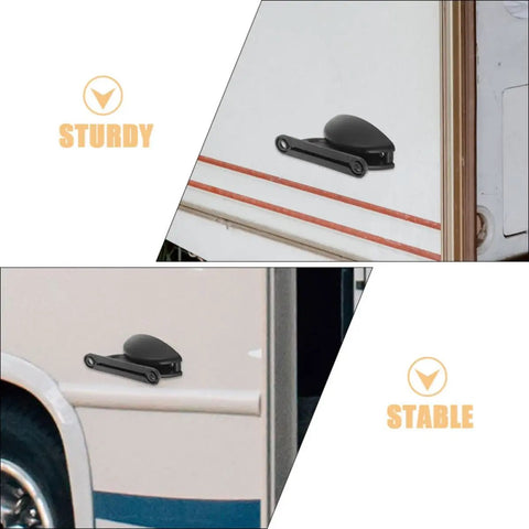 CLISPEED RV Door Catch Holder Set showing sturdy nylon clips mounted on motorhome doors for noise reduction.