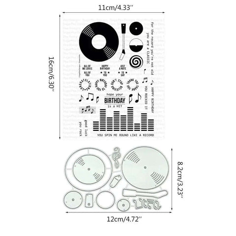 Music CD Style Clear Stamp And Die Set For Card Making And Scrapbooking Do It Yourself Embossing Kit showing vinyl and music notes.