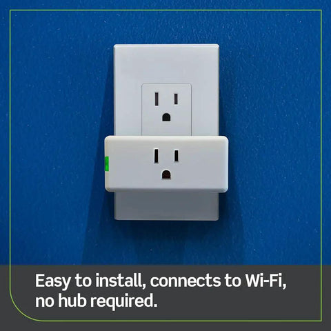 Smart WiFi Plug 2nd Gen For Home Automation No Hub Needed Plug And Play Works With Matter Alexa Google Assistant And Apple HomeKit Siri Easy Setup To Control Lamps And Small Appliances From Anywhere D215P-2RW White plugged into wall outlet.