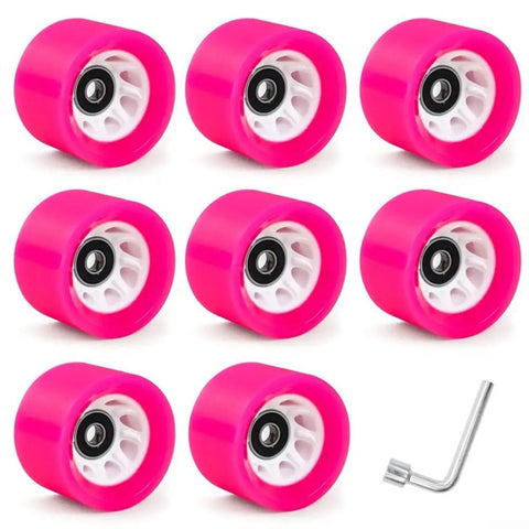 Eight Piece Roller Skate Wheel Set With 58x32mm And 58x39mm PU For A Smooth Ride, Fast Spin Bearings, Fits Double Row Skates And Quad Boards, Indoor Outdoor Use, 82A 95A Hardness, Wrench Included shown in pink with wrench included