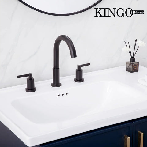 Matte Black Widespread 3-Hole Bathroom Faucet With Dual Handles, Modern Vanity Sink Tap For Easy DIY Install, shown installed on sink