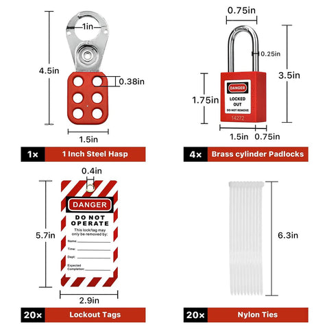 Image of Heavy-Duty Lockout Tagout Station Kit With 4 Brass Cylinder Safety Padlocks, hasp, OSHA compliance tags, nylon ties.