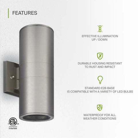 Two Light Outdoor Wall Light Fixtures Dope Dual Up Down Cylinder Sconce 120V E26 Sockets Weatherproof Steel Exterior