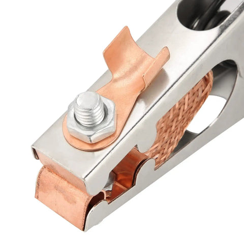 Close-up of Solid US Style 500A Ground Clamp Welding Earth Clip With High Conductivity Copper Build and Electroplated Finish.