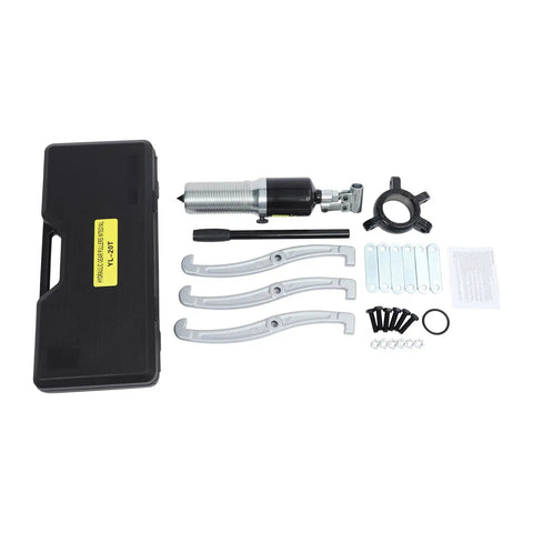 Heavy Duty 20 Ton Hydraulic Bearing Puller Kit For Mechanics Features Two Or Three Jaw Remover Built From Rust Resistant Steel Integrated Pump Hose System showing case and parts