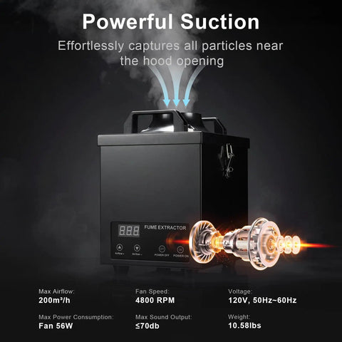 Solder Fume Extractor With Strong 200m3h Suction, H13 HEPA Filtration, showing powerful particle extraction capability.