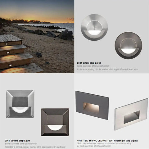 Dope Low Voltage 12V Horizontal Step And Wall Light For Indoor Or Outdoor Use Amber 1800K Built In LED In Stainless Steel IP66 Waterproof Landscape Fixture shown on steps at sunset and various designs including circle, square, and rectangle.