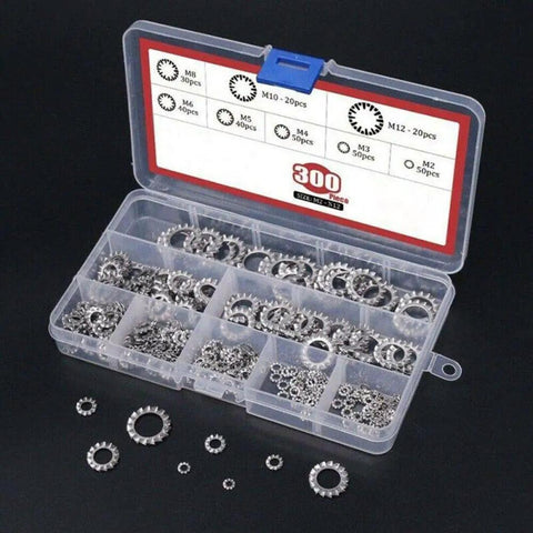 300 Piece External Star Lock Washers Kit in 304 Stainless Steel, Metric M2.5-M12, organized in a clear plastic case