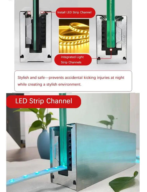 Adjustable Aluminum Glass Spigot Kit Built Tough For Decks And Pools installed with LED strip channel, showcasing safe stylish lighting.