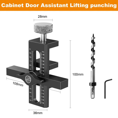2 in 1 Cabinet Door Mounting Jig With Adjustable Positioner For Frameless Or Face Frame Doors Fast Setup And Precise Installation showing precise measurements and drilling tool.
