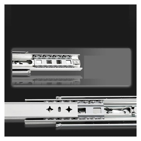 Heavy Duty Three Fold Drawer Slides Built Like A Tank With 265 Pounds Capacity Smooth As Silk Full Extension Industrial Grade 53Mm Blue Galvanized Steel Rails side view showing dual row ball bearings and slide mechanism.