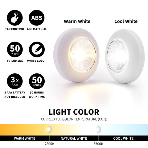 5 Pack LED Battery Powered Wireless Night Light Sticks Tap On Touch Lamp showing warm and cool white light options