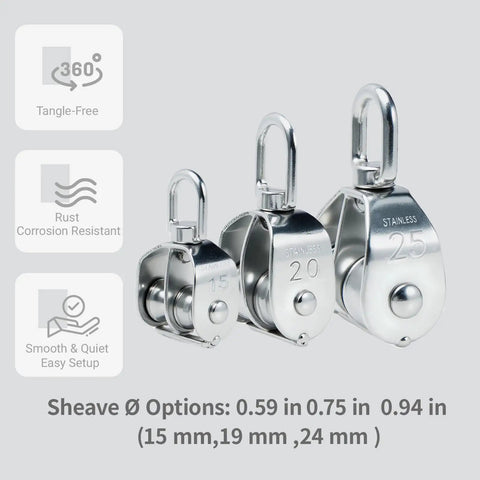 Three Beefy Double Wheel Swivel Pulley Blocks M15, M20, M25 in stainless steel, showing size options and corrosion resistance features.