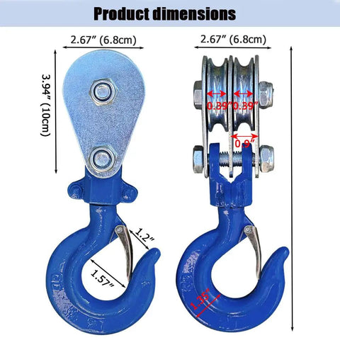 2 Ton Snatch Block With 360 Degree Swivel Hook Double Pulley For 3 Eighth Inch Wire Rope Heavy Duty Lifting Block For Traction Trucks And Small Lifting Trolleys Winch Parts Set Of Two, product dimensions shown