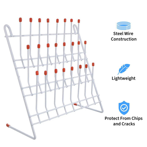 Solid 24 Position Lab Test Tube Drying Rack With Plastic Coated Metal For Science Experiments And Industrial Use Easy Drain Design Heavy Duty Bottle Holder For Chemists, steel wire construction with red tips.