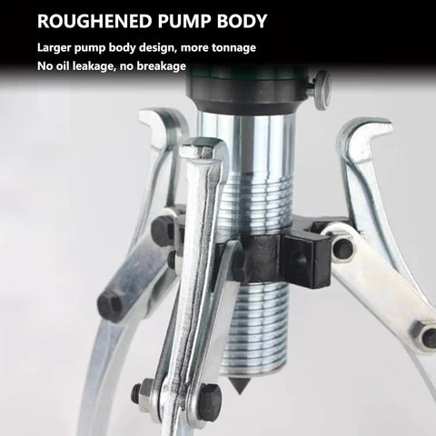 Close-up of Heavy Duty Pro Grade Hydraulic Gear Puller Kit with 2 and 3 Jaw Bearing Pullers, showing roughened pump body.