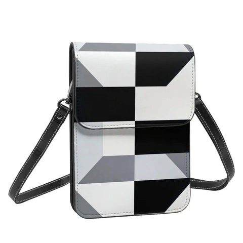 Super Chic Black And White Piano Grid Phone Pouch With Adjustable Crossbody Strap, showing geometric design and shoulder strap.