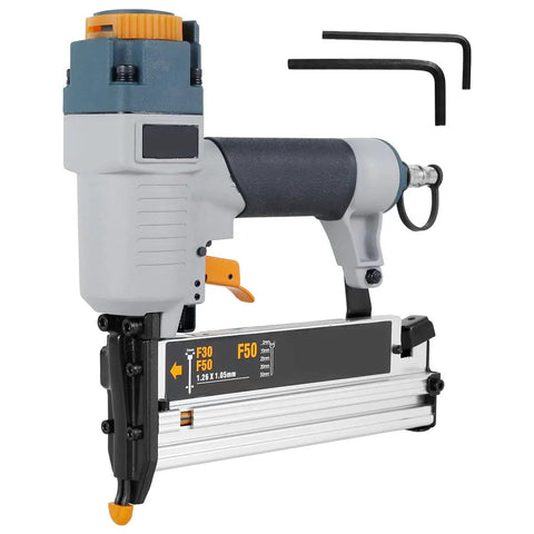 Straight Shooting Pro Level Heavy Duty Pneumatic Air Nailer For Carpentry And Fences With Adjustable Depth Control and Ergonomic Handle Accepts T50 F50 440K Fasteners side view with fastener guide