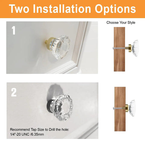 Two installation options for Crystal Cabinet Knobs 8 Pack Vintage Oval Flower Design Matte Black Base Crystal Glass Drawer Knobs