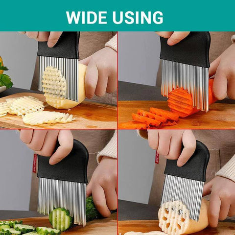 Stainless steel crinkle cutter with black handle; four-panel collage showing slicing potatoes, carrots, and cucumbers.