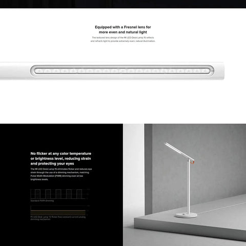 Close-up of Lit Smart LED Desk Lamp with Fresnel lens and side view of dimmable table light, award-winning design for home office