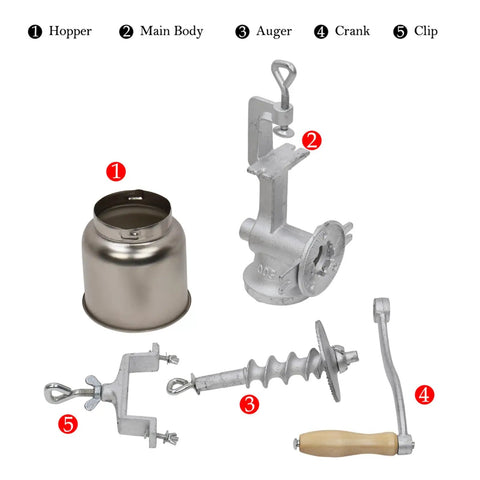 No Sweat Heavy Duty Cast Iron Grain Mill Featuring Wooden Hand Crank And Secure Table Clamp for its parts including hopper, crank, and auger.