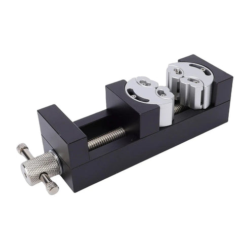 Heavy Duty Mini Vise Clamp For Drill Press Bench Made From Solid Aluminum Alloy With Self Adjusting Smart Grip seen from the side.