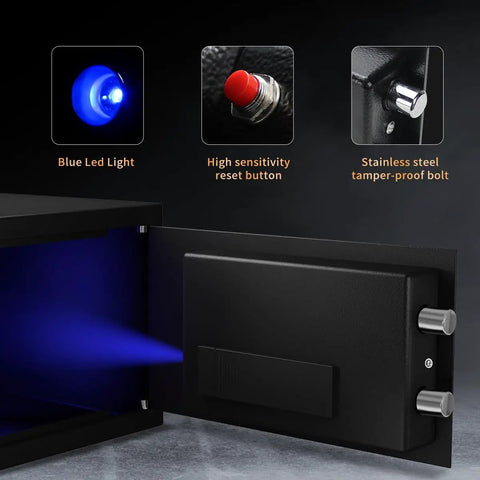 Must Have Fire Resistant Safe Box With Fireproof Waterproof Bag Sensor Light And Emergency External Power 0.55 Cubic Feet Digital Security Safe For Valuables And Important Documents open with blue light, reset button, and tamper-proof bolt
