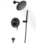 Matte Black Shower System With 8 Inch Round Shower Head And Handheld Spray Brass Rough In Valve Durable Stainless Steel Hose And Complete Trim Kit For No Fuss Installation shown in a modern bathroom setting.