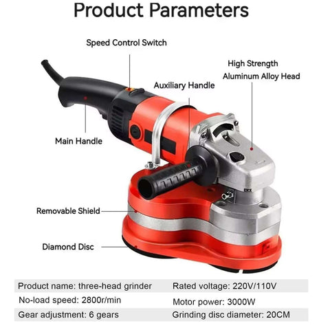 Ironclad Workhorse 3000W Electric Angle Grinder And Wall Sander With Extended Rod And Six Speed Concrete Milling Tool close-up view of features.