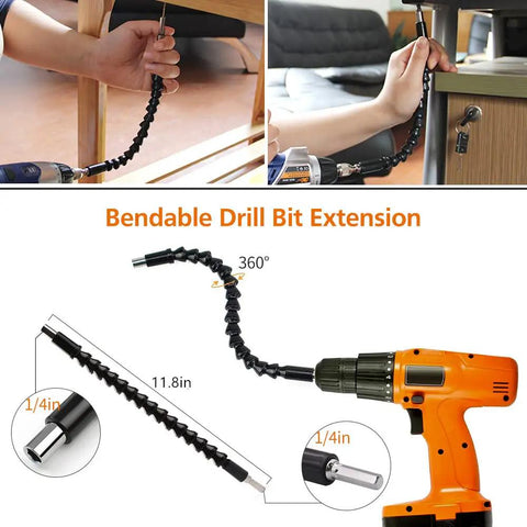 Bendable Drill Bit Extension With 105 Degree Right Angle Magnetic Screwdriver Bit Holder shown with drill and flexibility demonstration.