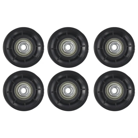 Six Piece Pulley Wheel Set For Home Gym And Cable Machines With Smooth Nylon Rollers And Steel Bearings In 70mm And 90mm Sizes, Quiet Durable Gear For Strength Training And Fitness Upgrades. Six black pulley wheels with steel bearings