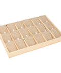 Premium Pine Wood Jewelry Display Tray With Eighteen Velvet Lined Slots, showing a unit with 18 sections for organizing jewelry.