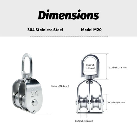 Beefy Double Wheel Swivel Pulley Block M20 dimensions; 304 stainless steel, 2.81 inches long, twin sheave diagram.