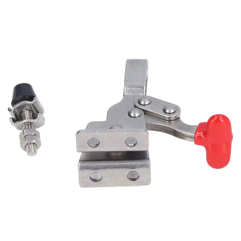 Heavy Duty Vertical Toggle Clamp With 150 Pound Capacity, stainless steel, red handle, for jigs and fixtures.