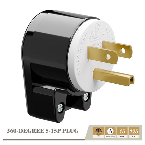 Right Angle NEMA 5 15P 15A 125V AC Plug With ETL Certification Easy Assembly 90 Degree Adjustable Connector, black nylon body.