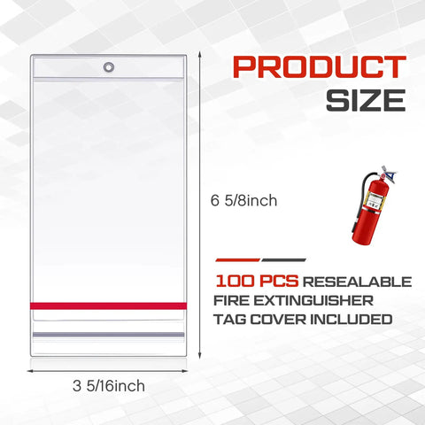 Heavy Duty Resealable Fire Extinguisher Tag Covers 100 Pack Crystal Clear Waterproof Plastic Inspection Sleeves size 6 5/8x3 5/16 inch