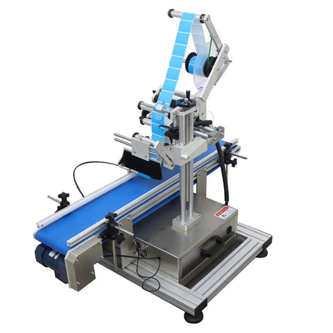 Automatic Desktop Conveyor Labeling Machine Streamlines Flat Item Packaging Using Continuous Belt And 110V Plug Play Setup Made To Save You Time For Cosmetic And Retail Box Labeling Needs.