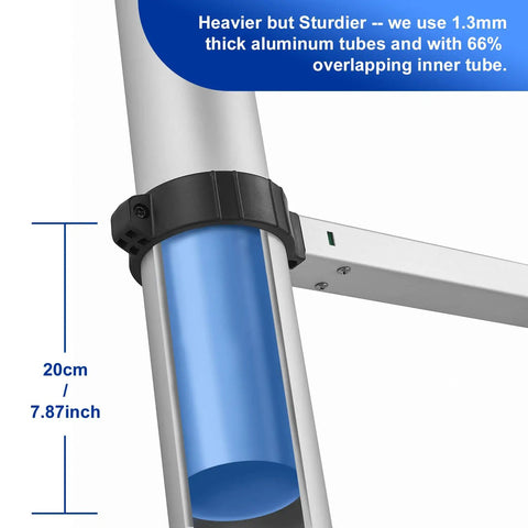 Close-up of 8.5 Foot Aluminum Telescoping Ladder with One Button Retraction, showcasing tube thickness and overlap detail.