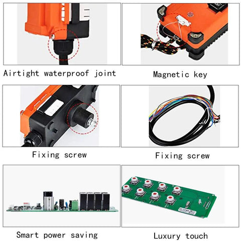 Hoist Crane Wireless Pro Grade Remote Control Transmitter Kit components, showing waterproof joints, magnetic key, fixing screws, circuits.