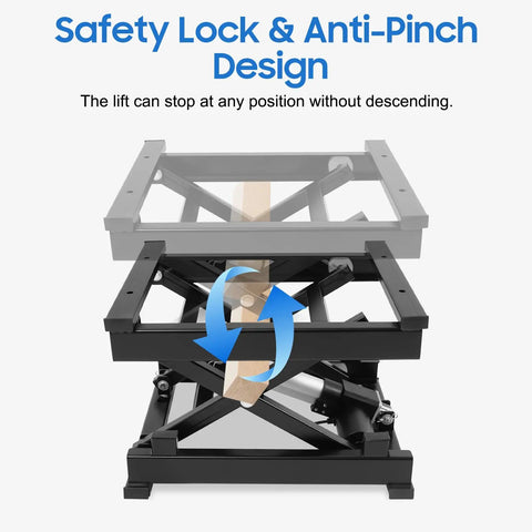 Top Shelf Electric Scissor Lift Table With Remote Control Height Adjustable Platform Up To Sixteen Inches showing safety lock and anti-pinch design.