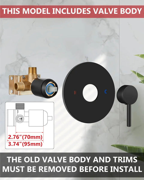 Matte Black Shower Faucet Set With Rough In Valve And Shower Head Crafted From Sus304 Stainless Steel and Solid Brass for Rust Resistant Daily Showers. Installation components with valve body and trim details.