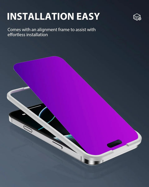 iPhone 17 Pro Max Privacy Screen Protector 6.9 Inch Purple Gradient Anti Spy Glass Shield shown with installation frame