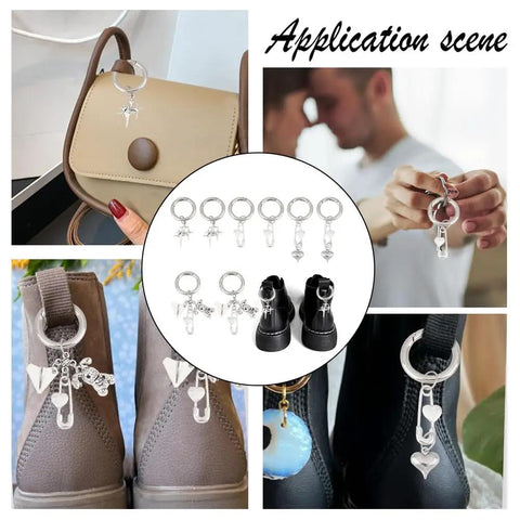 Fresh Safety Pin Shoe Charms With Sturdy Spring Clips And Alloy Badges featuring vintage star and heart designs on bags and boots.